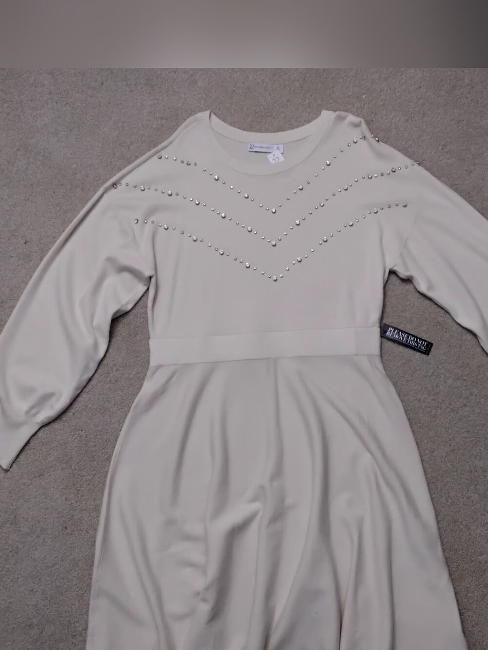 New York & Company Long-Sleeve Studded Flare Sweater Dress, Cream, XL